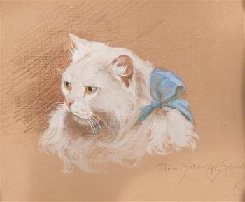 A kitten with light blue silk ribbon by 
																	Gabrielle Rainer Istvanffy