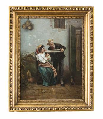 Der Alte umgarnt beim Wickeln des Wollknäules die junge Italienerin by 
																	Jules Zermati