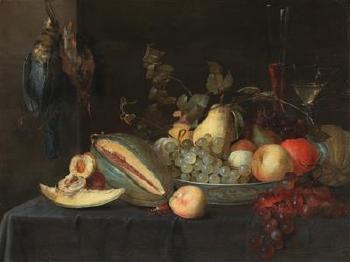 A still life of fruit with game by 
																			Pieter van Overschie