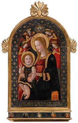 Madonna and Child surrounded by angels by 
																			 Alesso di Benozzo