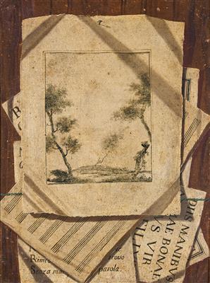 Trompe-l’oeil with sonnet by Giovan Battista Marino (1); and Trompe-l’oeil with landscape engraving, Latin epigraph, musical score and poetry (2) by 
																			Luigi Desio