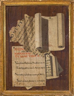 Trompe-l’oeil with sonnet by Giovan Battista Marino (1); and Trompe-l’oeil with landscape engraving, Latin epigraph, musical score and poetry (2) by 
																			Luigi Desio