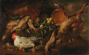 Still life of fish, game and fruit on a ledge by a cockerel by 
																			Anton Maria Vassallo