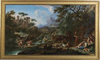 A landscape capriccio set in the Roman Campagna, with the Temple of Vesta in Tivoli in the background by 
																			 North Italian School