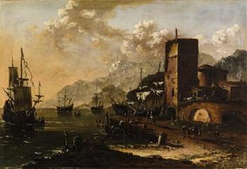 A Mediterranean harbour with ships by 
																			Johann Anton Eismann