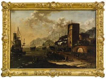 A Mediterranean harbour with ships by 
																			Johann Anton Eismann