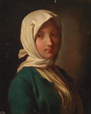 A girl in a blue jacket and white headscarf, half-length by 
																			Pietro Rotari