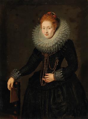 Portrait of a gentleman, three quarter length, in a white ruff holding a hat; and Portrait of a lady, three quarter length, in a black dress, holding a fan by 
																			 Antwerp School