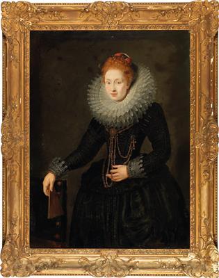Portrait of a gentleman, three quarter length, in a white ruff holding a hat; and Portrait of a lady, three quarter length, in a black dress, holding a fan by 
																			 Antwerp School