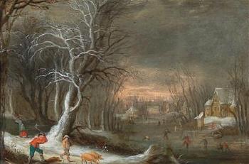 A winter landscape with woodcutters by 
																			Frans de Momper
