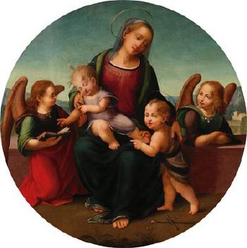 The Madonna and Child with the Infant Saint John the Baptist and two angels by 
																			Mariotto Dolzemele