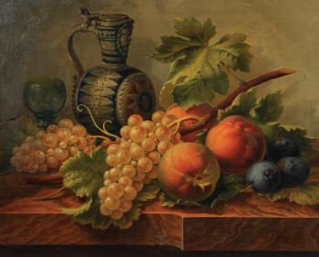 Still life of fruit, jug and wine glass on a ledge by 
																			Leon Lahogue
