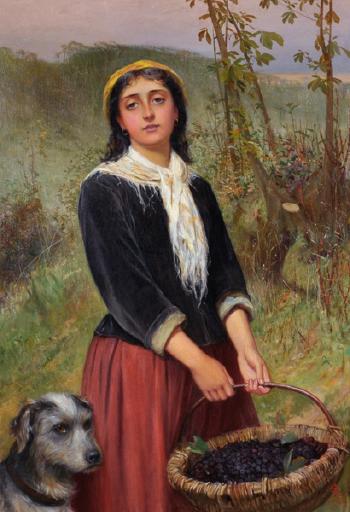 A young girl in a landscape, holding a basket of blackberries, with a lurcher by her side by 
																			Charles Sillem Lidderdale