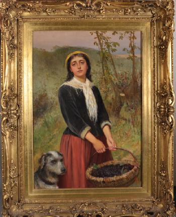 A young girl in a landscape, holding a basket of blackberries, with a lurcher by her side by 
																			Charles Sillem Lidderdale