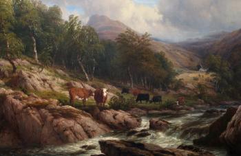 A highland river landscape, with cattle grazing by 
																			Thomas Baker of Leamington