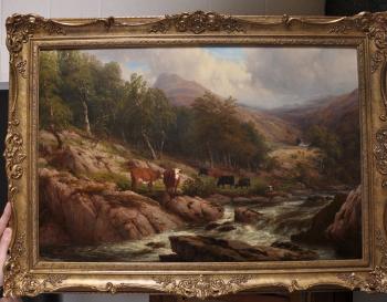 A highland river landscape, with cattle grazing by 
																			Thomas Baker of Leamington