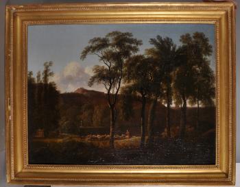 A Classical River Landscape, with a Shepherd and Flock, and other Figures in the distance by 
																			Pierre Henri de Valenciennes