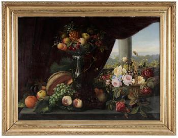 Still Life of Flowers and Fruit on a Stone Table in a Draped Loggia by 
																			Christian Mollback