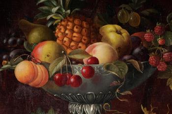 Still Life of Flowers and Fruit on a Stone Table in a Draped Loggia by 
																			Christian Mollback