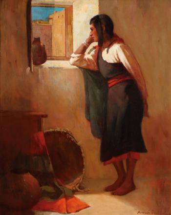 A Navajo Woman with Basket and Olla by 
																			Amadee Joullin