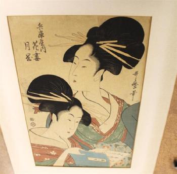Two Ladies Reading From A Book by 
																			 Utamaro