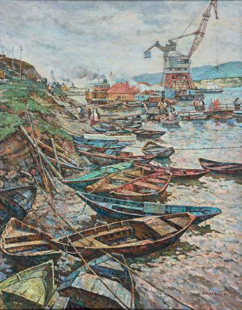 Uferstück an der Wolga mit zahlreichen angelegten Booten und großem Kran by 
																	Oleg Kartashev