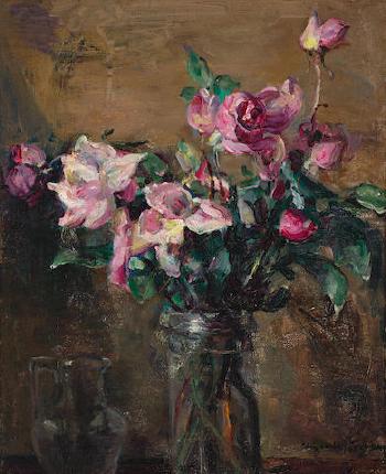 Roses in a glass vase by 
																	Elizabeth Nourse