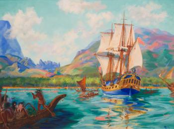 Navire accostant sur l’île de Tahiti by 
																	Henri Dumien