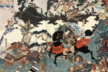 Battle Scene With A Female Warrior Tomoe Gozen by 
																			 Kuniyoshi