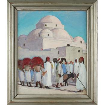 Men carrying peppers in front of mosque, Tunisia by 
																			Eda Elizabeth Sterchi