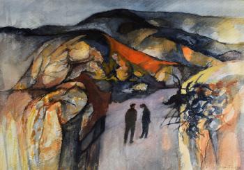 Two men in conversation on mountain road by 
																	John Elwyn