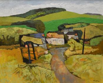 Landscape with land and buildings with open fields beyond by 
																	John Elwyn