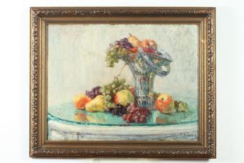 Bouquet of Flowers with Fruit on Table Top by 
																			Henri Farre