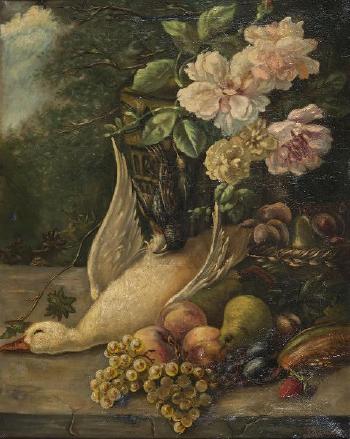 Nature morte au canard et aux fruits by 
																			Gustave Leveaux