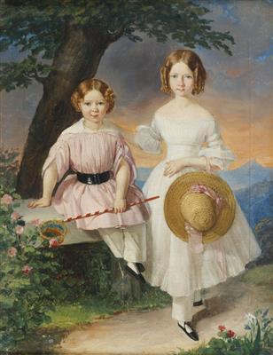 Zwei Mädchen in Tracht mit Blick in die Landschaft by 
																			Franz Eybl