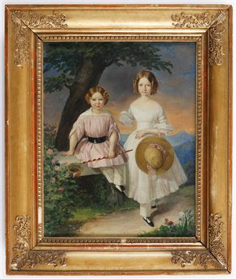 Zwei Mädchen in Tracht mit Blick in die Landschaft by 
																			Franz Eybl