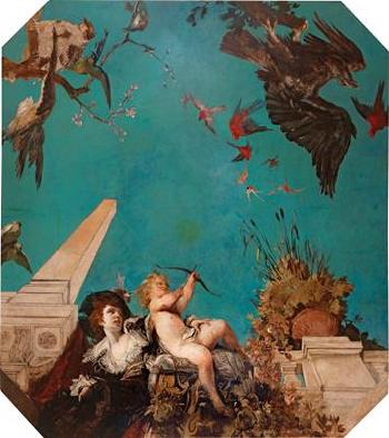 A ceiling painting, society lady with Cupid in a garden landscape by 
																	Hans Makart