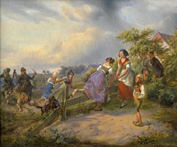 Die verunglückte Jagd (Dorfmädchen bringen sich vor einer Gruppe Sonntagsjäger in Sicherheit) by 
																	Ludwig Elsholtz