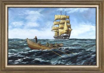 Men in a longboat off a whaleship by 
																			James W Maddocks