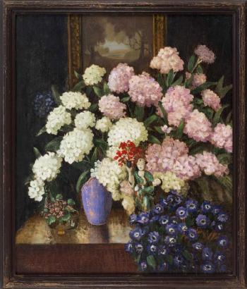 Still life of a ceramic figure and flowers in a blue vase by 
																			Axel Farham