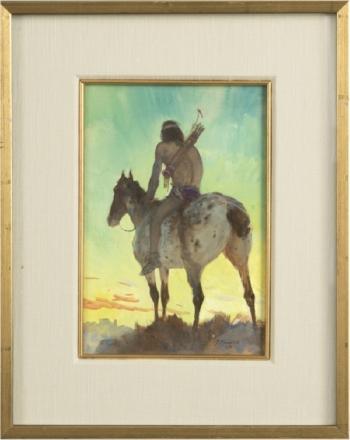 Indian on horseback on an overlook by 
																			Arnold Friberg