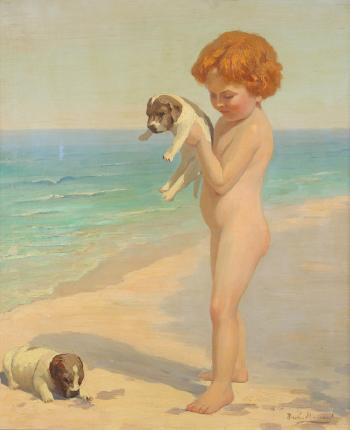 Little girl with puppies at the beach by 
																			Nicolas S Macsoud