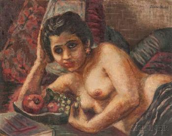 Reclining nude with fruit bowl by 
																	Lena Gurr
