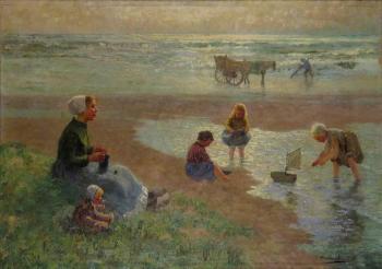 Mother and children at the beach by 
																	Carel Eugene Mulertt