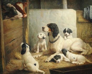 English setter with a litter of puppets in the barn by 
																	Ejnar Vindfeldt