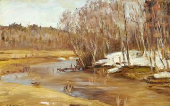 Russian landscape at early spring with birch trees at a stream by 
																	Manuil Khristoforovich Aladzhalov