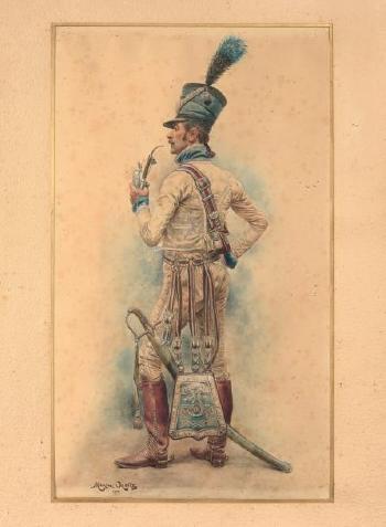 Officier du 16e régiment de chasseurs à cheval du Premier-Empire, en tenue nankin, fumant sa pipe by 
																	Maurice Henri Orange