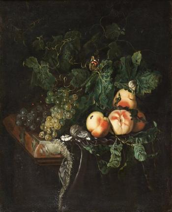 Nature morte aux pêches, raisins et aux fleurs avec un escargot et papillon by 
																	Nicolaes Lachtropius
