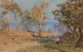 Drover and sheep in landscape by 
																	Albert J Hanson
