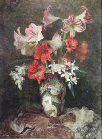 Lilies in an Asian vase by 
																			Anton Wrabetz